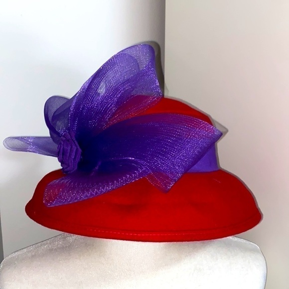 Red Hat Society Purple Ribbon Flower Derby Wool Hat Fall Warm Party Vacation - Picture 13 of 16